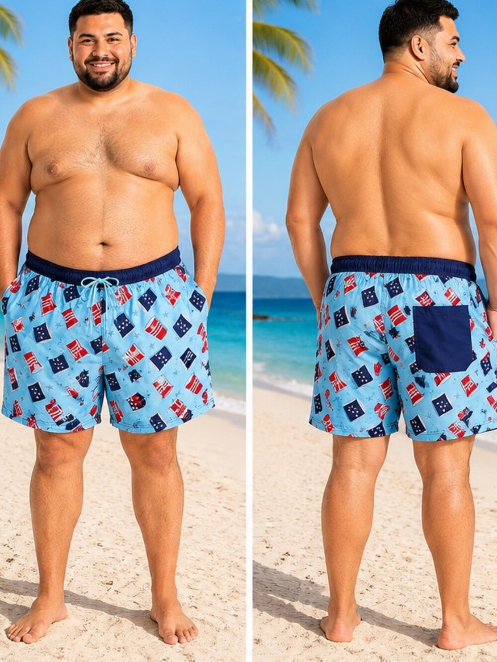 WAY TO CELEBRATE Men's Light Blue Flag-Print Swim Trunks SIZE 3XL NWOT